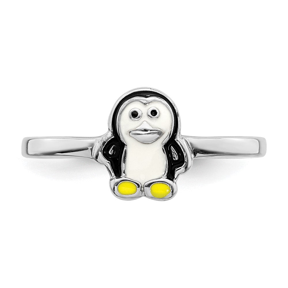 Sterling Silver Rhodium-plated Childs Enameled Penguin Ring