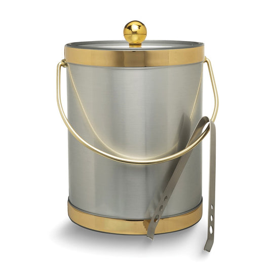 Gold with Silver Two-tone Metallic Mylar Double Wall Insulated Five Quart Ice Bucket with Stainless Steel Tongs