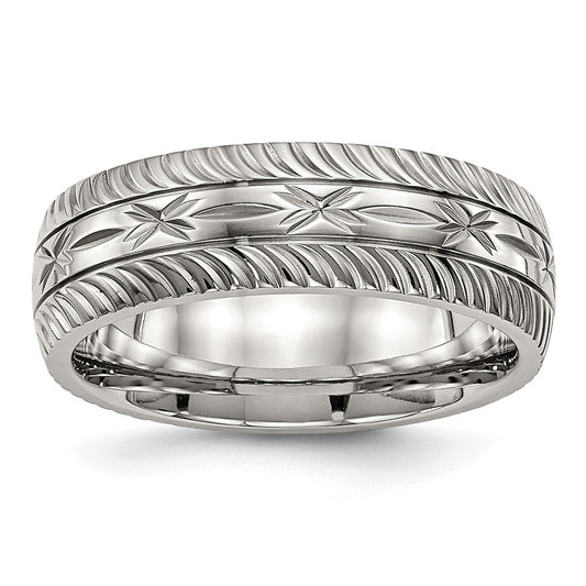 Stainless Steel Polished Diamond Cut 7mm Band Size - 11