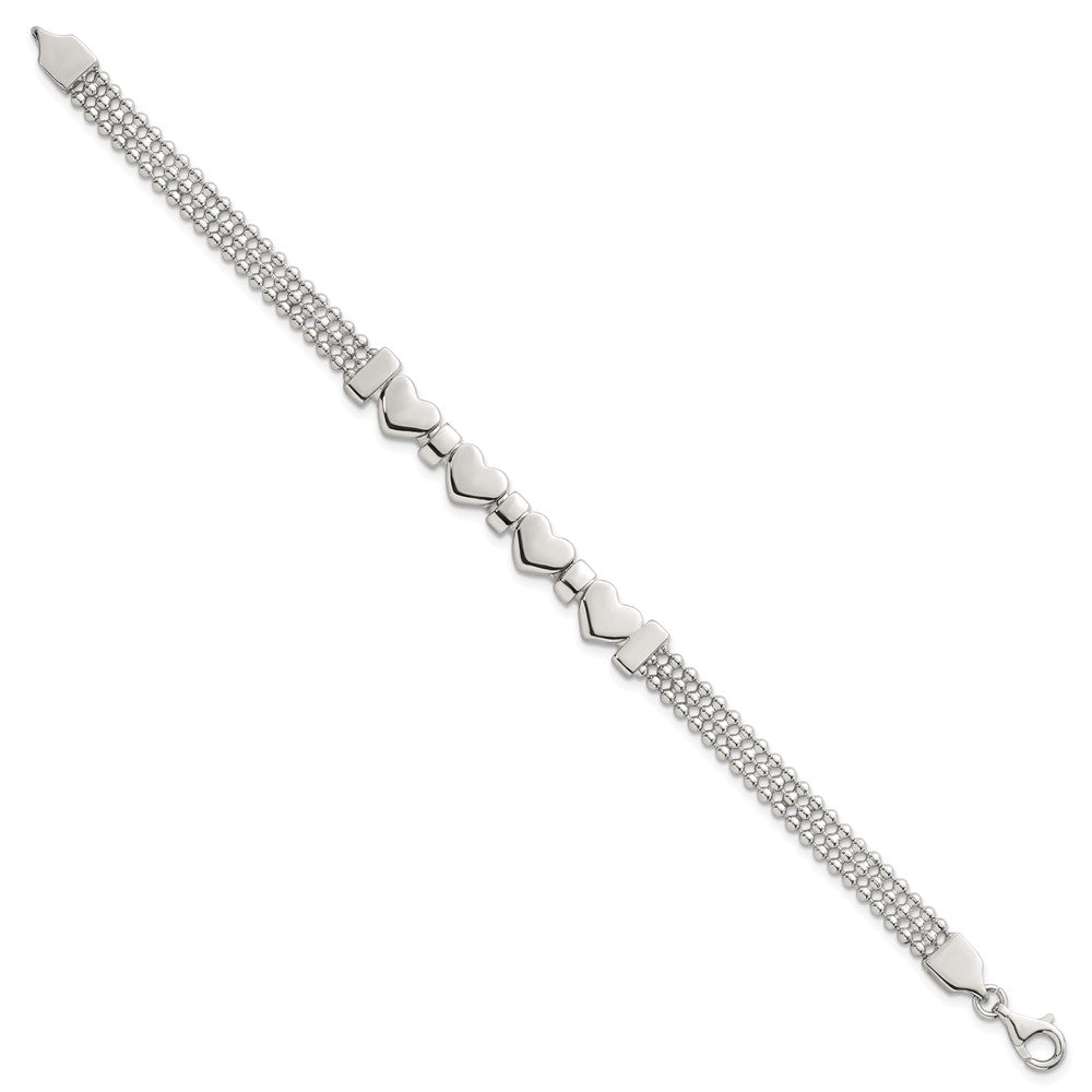 Sterling Silver Polished and Beaded 4-Hearts 7.25 Inch Bracelet
