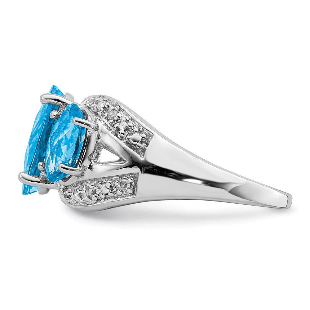 Sterling Silver Rhodium Oval Checker-Cut Blue Topaz & Diam. Ring