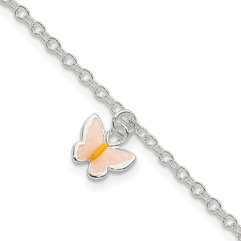 Sterling Silver Polished Enamel Butterfly w/ 1.5in ext. Childrens Bracelet 7 inches