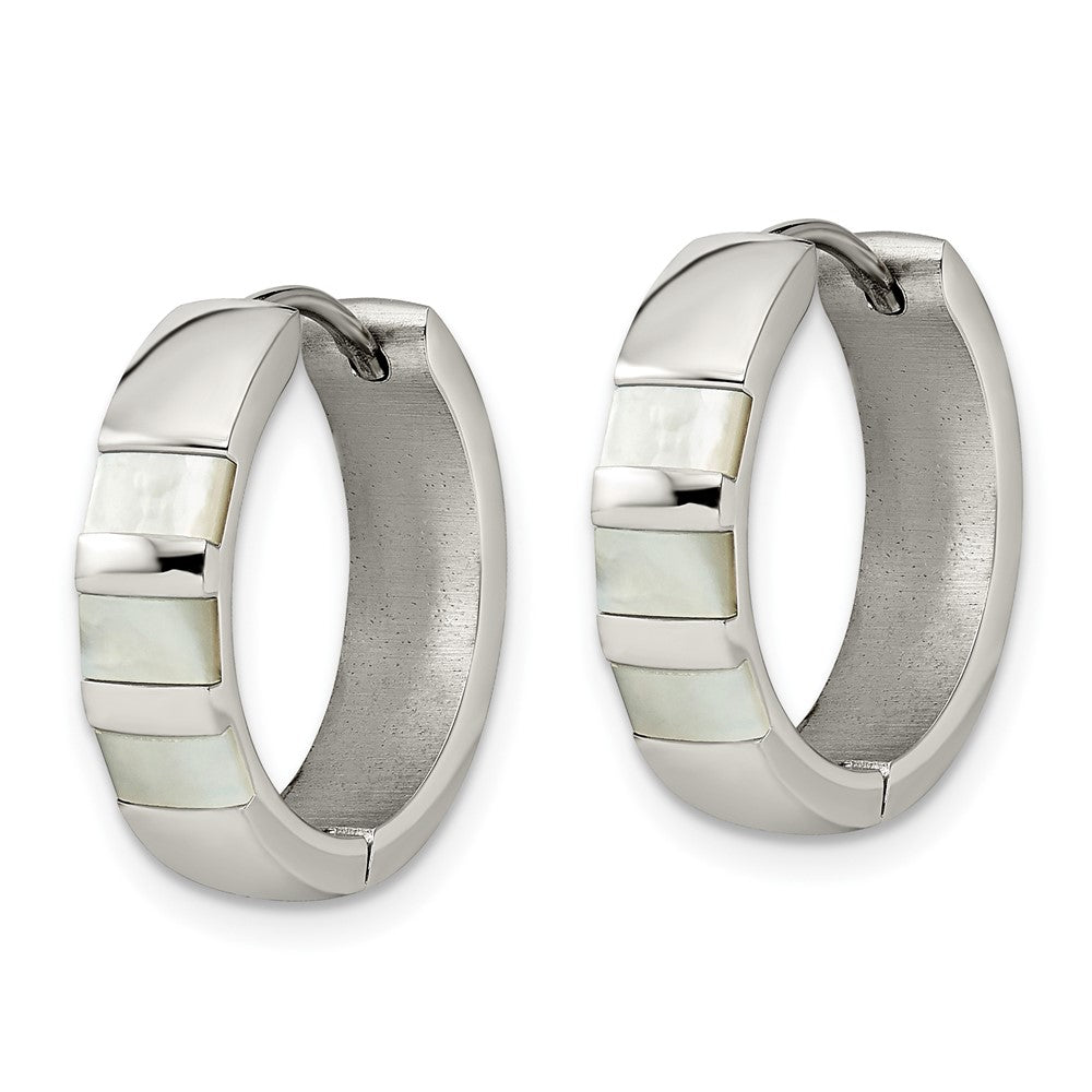 Stainless Steel Polished with Shell Pearl 5mm Hinged Hoop Earrings