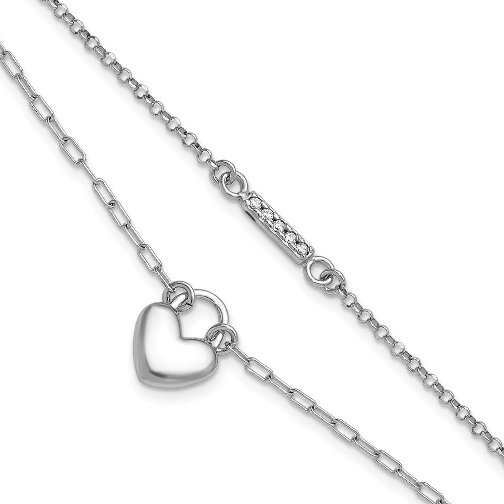 Sterling Silver Rhodium-plated CZ Puffed Heart 7 inch with 1 inch extender 2-strand Bracelet 8 inches