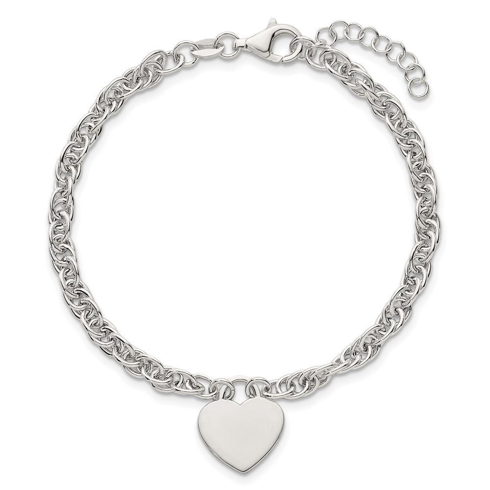 Sterling Silver Polished Fancy Engravable Heart Disc on Rope Chain 7 Inch with 1 Inch Extension Bracelet 8 inches