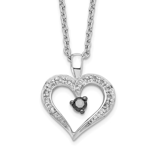 White Night Sterling Silver Rhodium-plated Black and White Diamond Heart 18 Inch Necklace with 2 Inch Extender 36 Inches