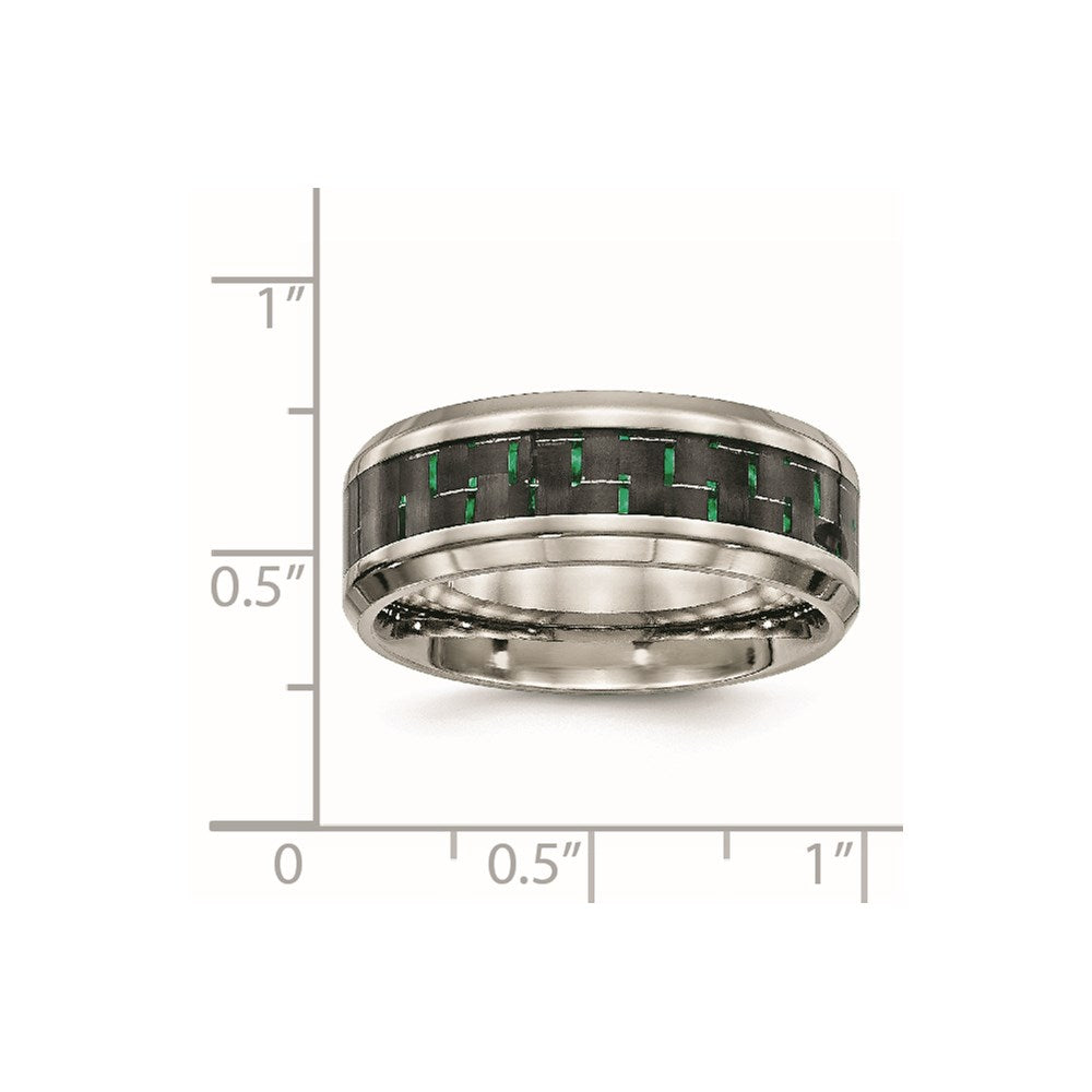 Stainless Steel Polished Black/Green Carbon Fiber Inlay 8mm Band Size - 12
