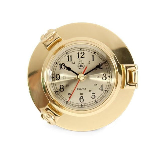 Bey-Berk International SQ506 Lacquered Brass Porthole Quartz Clock with Beveled Glass, Gold - 5.25 x 2 in.