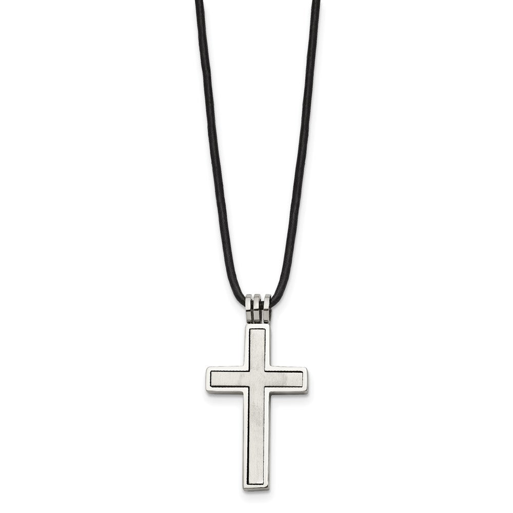 Stainless Steel Brushed & Polished Cross Leather Cord Necklace