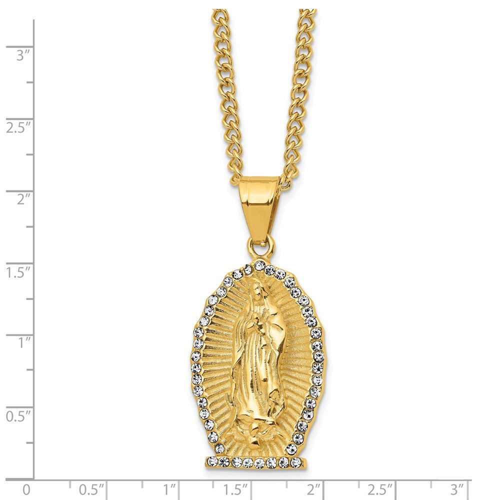 Stainless Steel Polished Yellow IP w/Crystal Lady of Guadalupe Necklace
