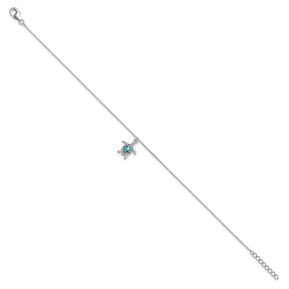Sterling Silver Rhodium-plated Polished Created Opal Turtle 9 inch with a 1 inch Extention Anklet