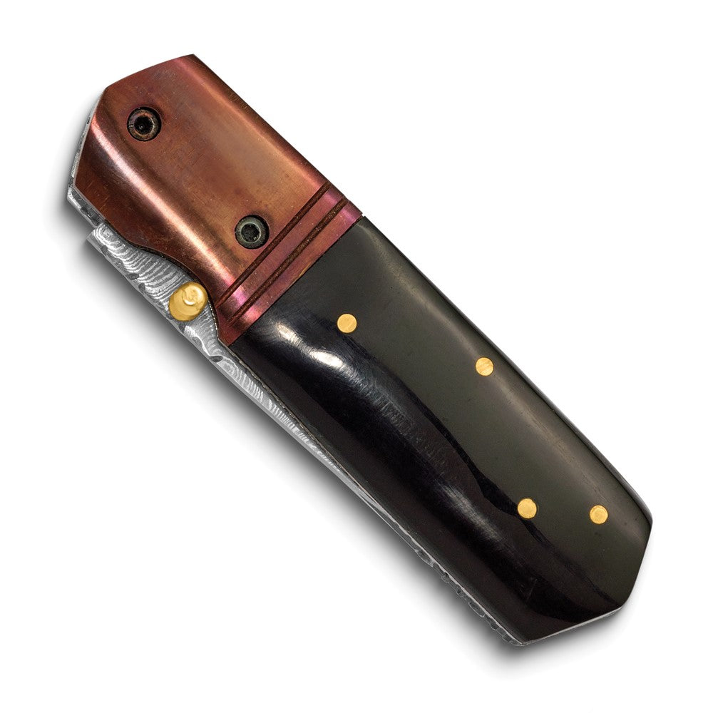 Luxury Giftware by Jere Damascus Steel 256 Layer Folding Blade Buffalo Horn Handle Knife with Leather Sheath and Wooden Gift Box