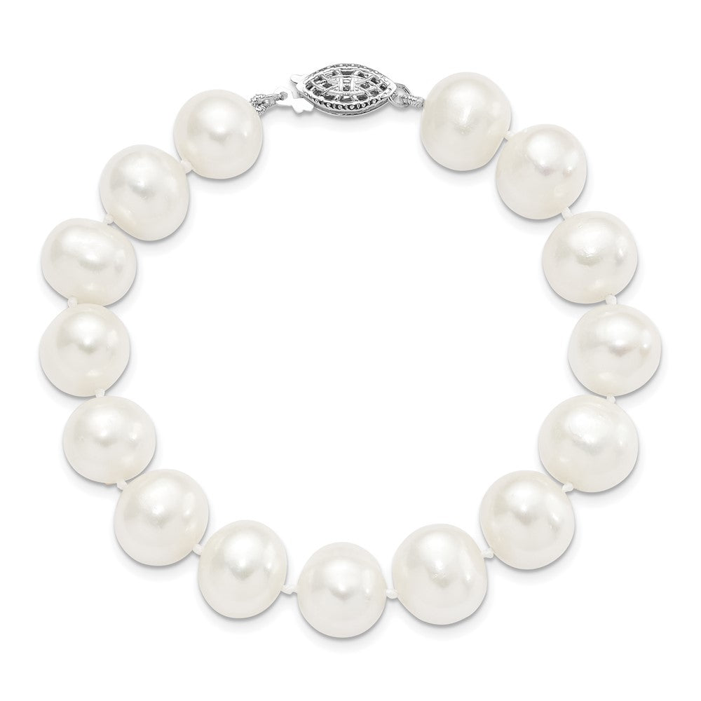 Sterling Silver Rhodium-plated 11-12mm White Near-Round Freshwater Cultured Pearl 7.25 inch Bracelet 7.25 inches