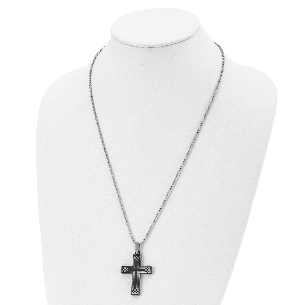 Stainless Steel Polished Laser Etched Black IP-plated Cross 24in Necklace
