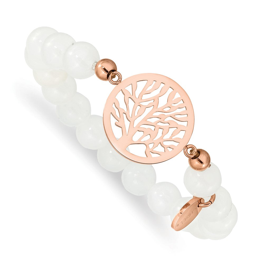 Stainless Steel Polished Rose IP-plated Tree White Jade Stretch Bracelet 6 inches