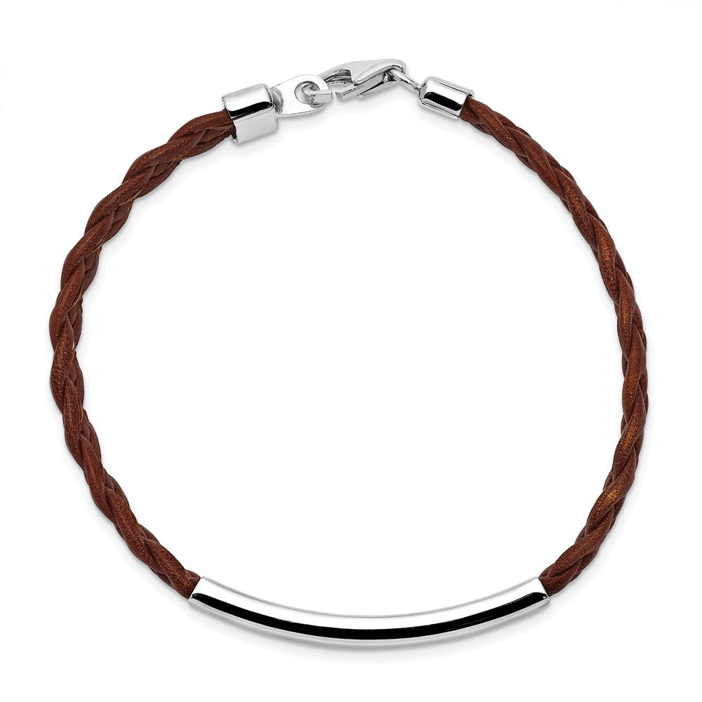 Sterling Silver Rhodium-plated Brown Braided Leather Bracelet 7 inches