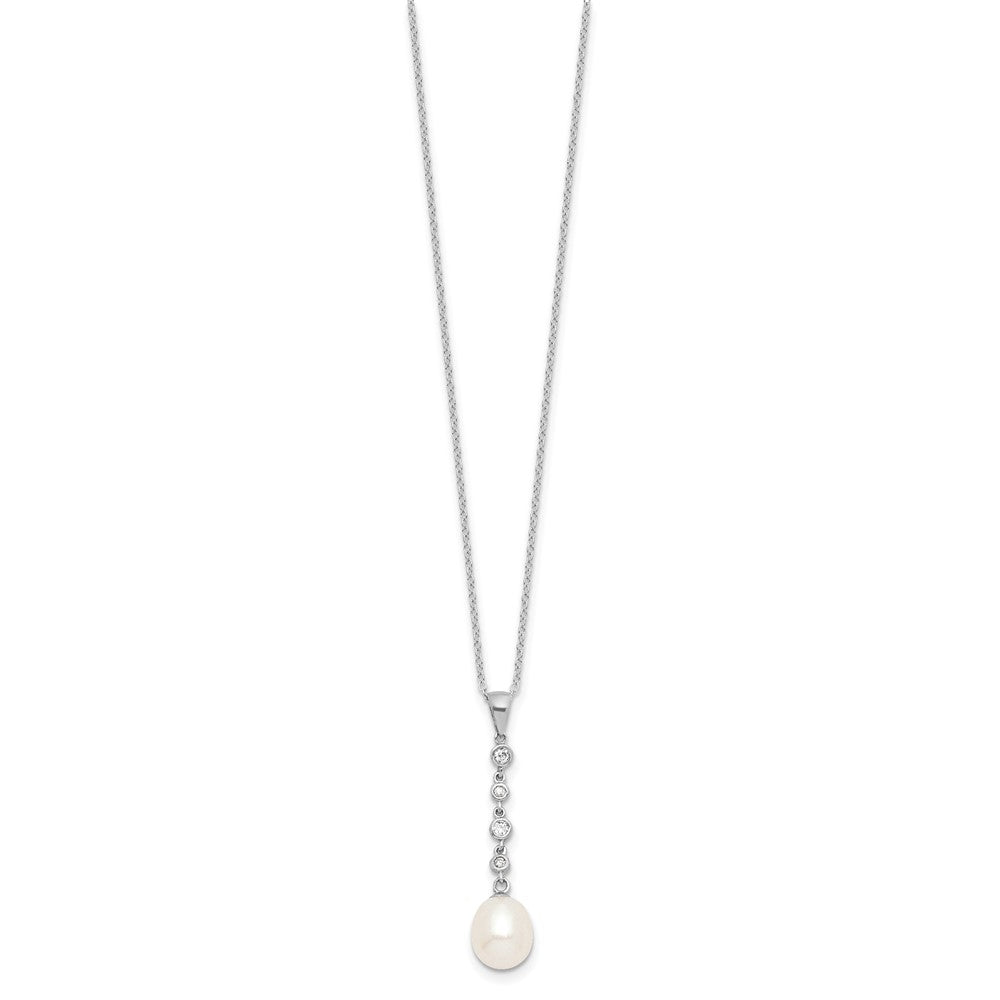 Sterling Silver Rhodium-plated 8-9mm White Teardrop Freshwater Cultured Pearl and CZ 17 inch Necklace and Post Dangle Earrings Set