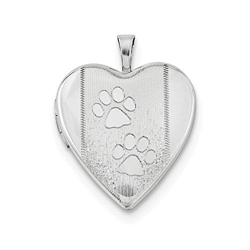 Sterling Silver Rhodium-plated Textured & Polished Paw Prints Heart Locket