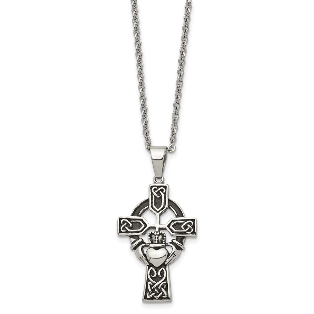 Stainless Steel Antiqued and Polished Claddagh Cross 20in Necklace