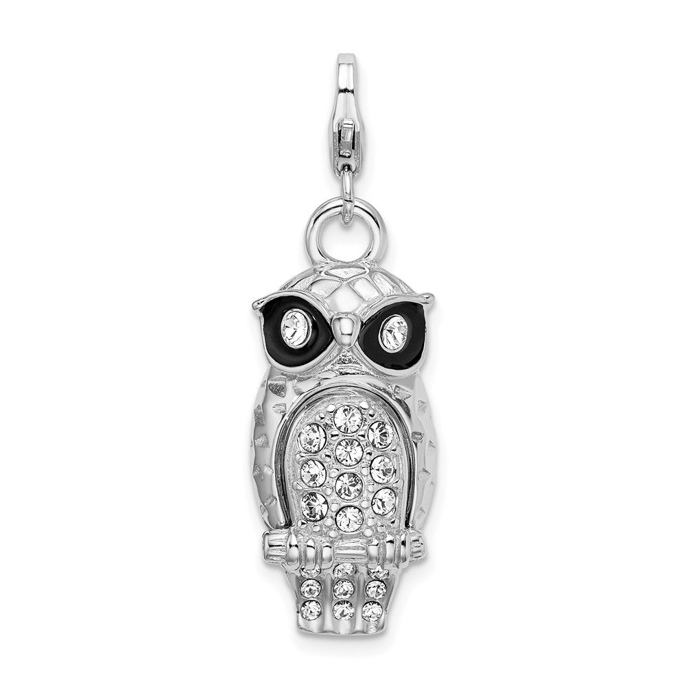 Amore La Vita Sterling Silver Rhodium-plated Polished 3-D Enameled Crystal Owl Charm with Fancy Lobster Clasp