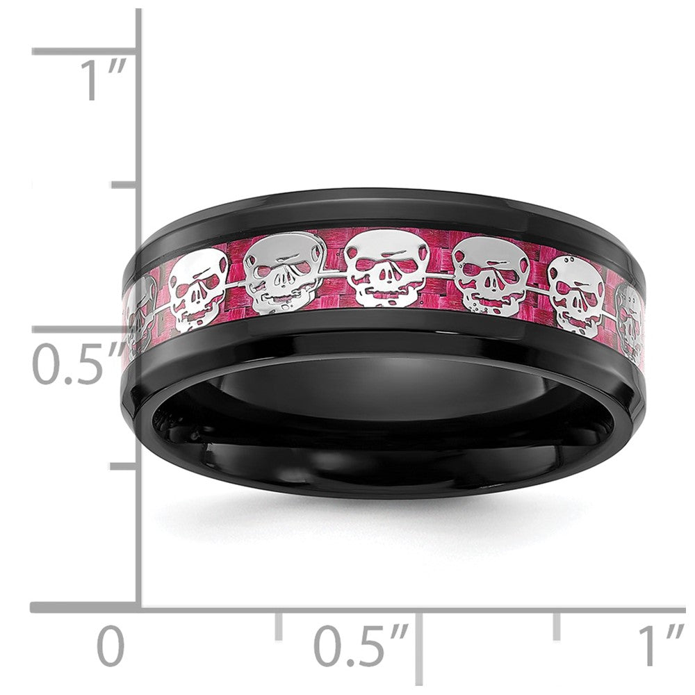 Chisel Stainless Steel Polished Black IP-plated Skulls with Pink Carbon Fiber Inlay 8mm Band Size - 9