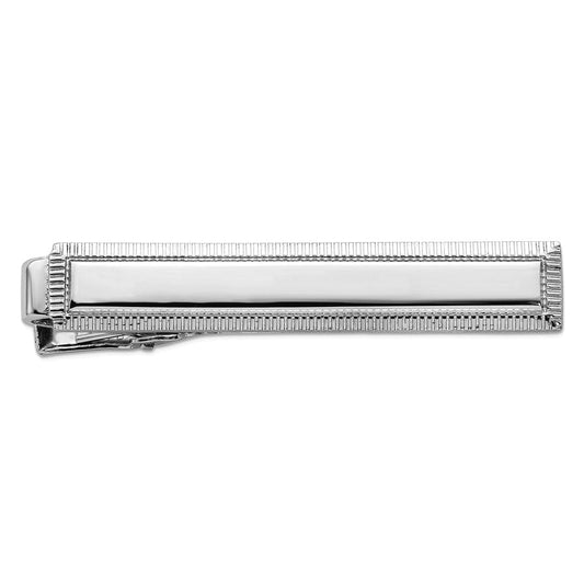 Solid Polished Florentine Engravable (front only) Rhodium Plated Lined Edge Tie Bar 48x7mm Wide-Tie Clip for Men