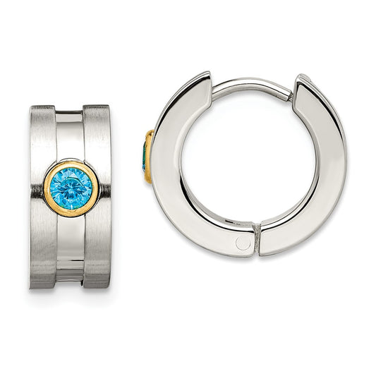 Stainless Steel Brushed/Polished Yellow IP w/Blue CZ Hinged Hoop Earrings
