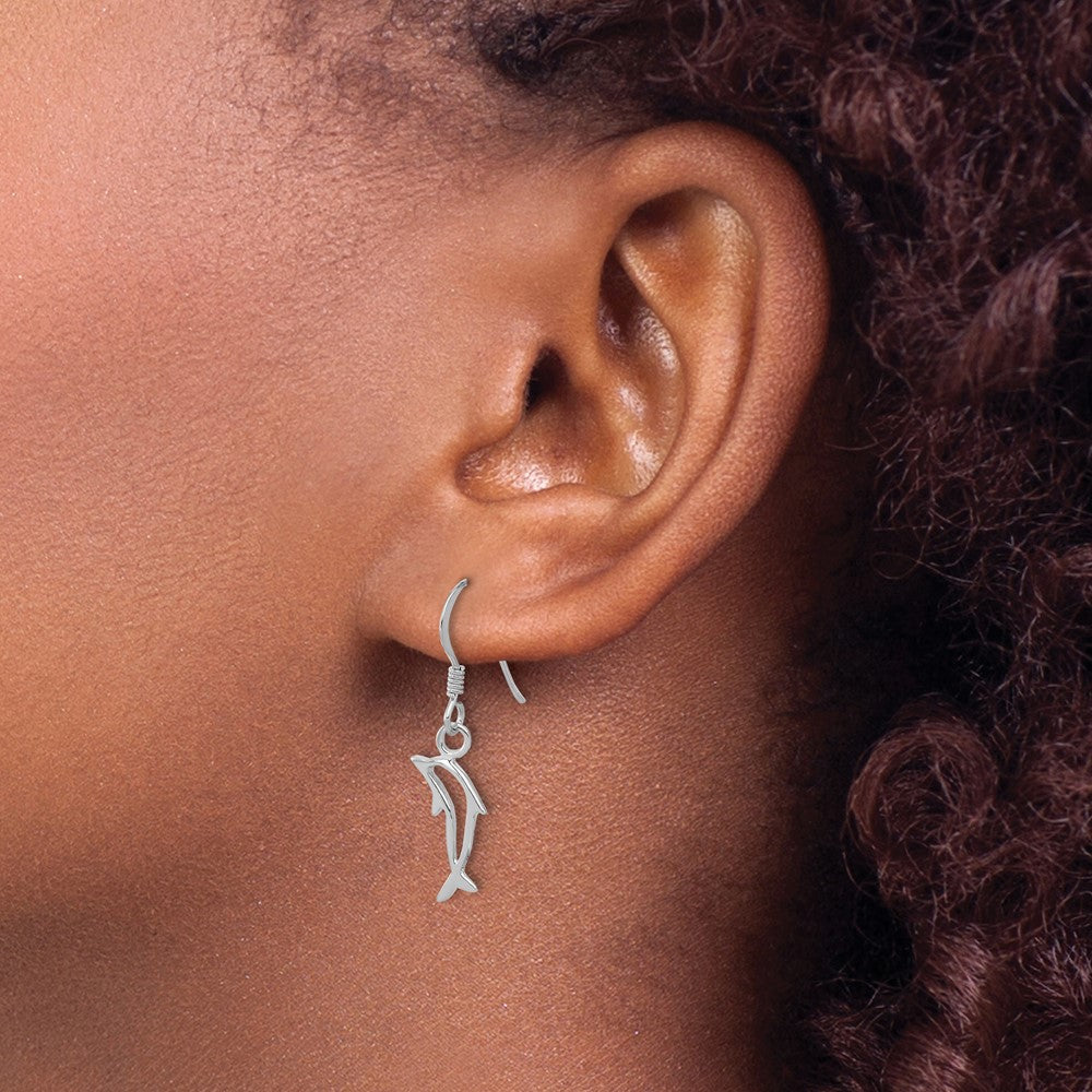 Sterling Silver Rhodium-plated Polished Dolphin Dangle Earrings