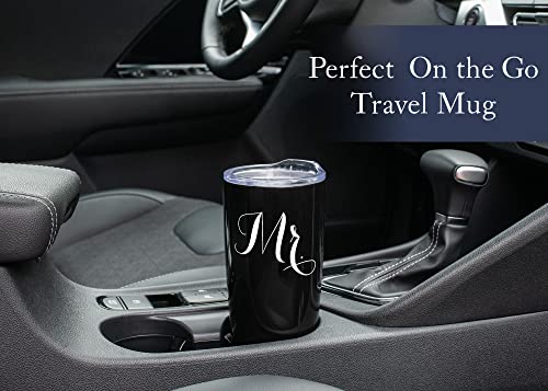 Mr. Mrs. Black White 20 Ounce Stainless Steel Travel Tumbler Mug with Lid Set 2