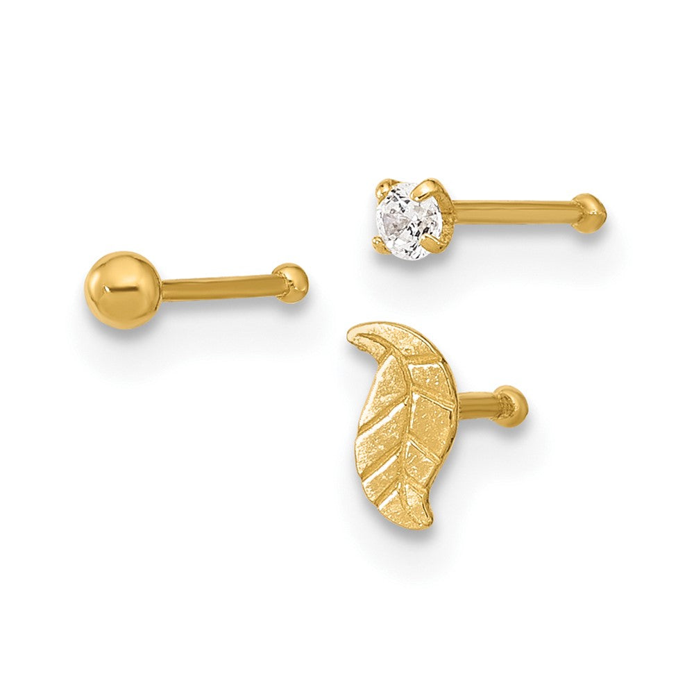 14K Gold 22 Gauge Leaf, Ball & CZ Nose Post Set