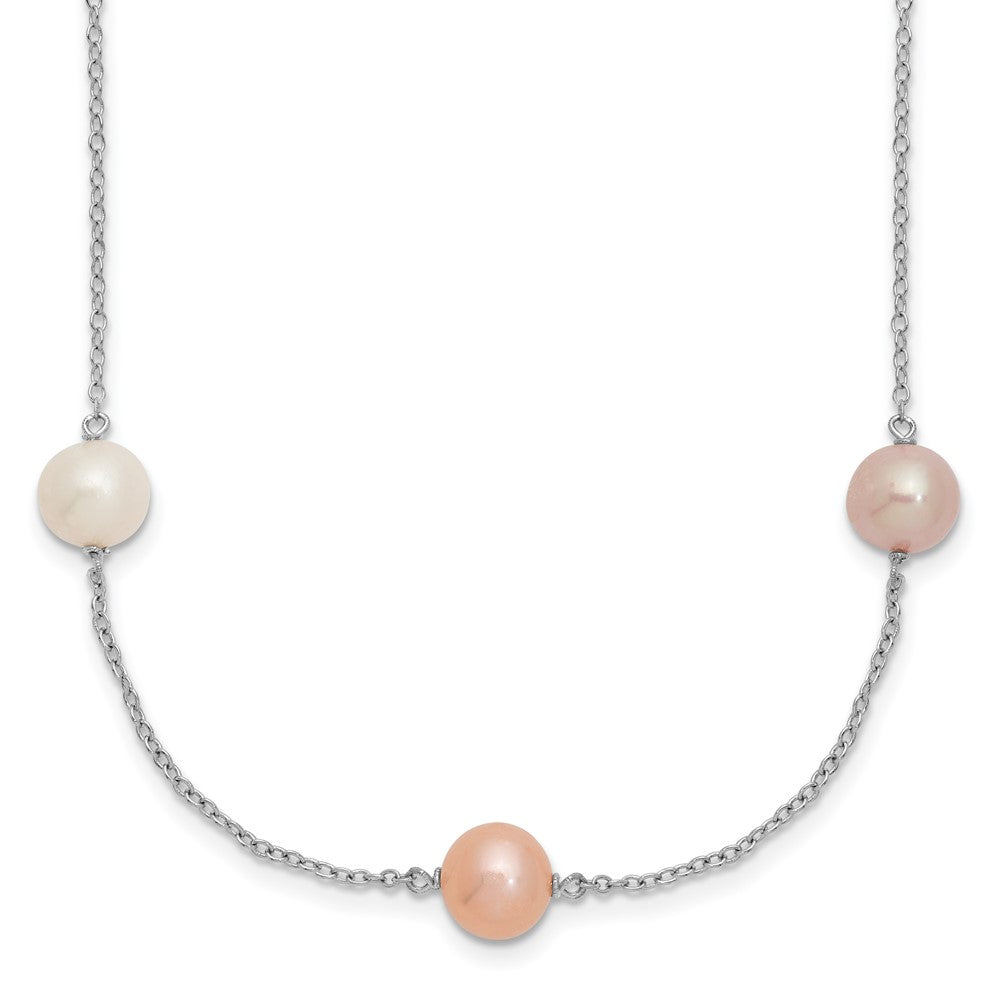 Sterling Silver Rhodium-plated 7-8mm White, Pink and Purple Near-Round Freshwater Cultured Pearl 9-Station 18 inch Necklace 18 Inches