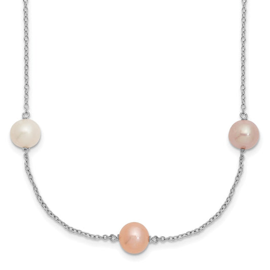 Sterling Silver Rhodium-plated 7-8mm White, Pink and Purple Near-Round Freshwater Cultured Pearl 9-Station 18 inch Necklace 18 Inches