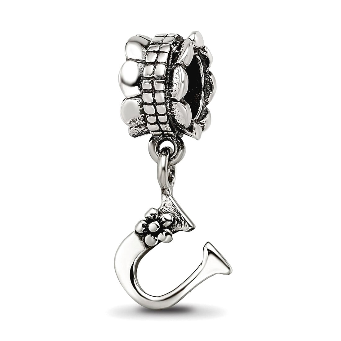 925 Sterling Silver Polished Artisan Oxidized Reflections Letter Name Personalized Monogram Initial U Dangle Bead Charm