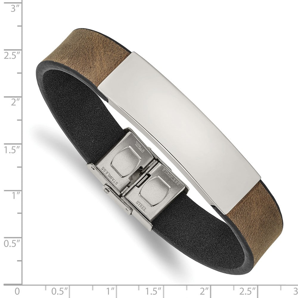 Stainless Steel Polished Brown/Black Leather 8.25in ID Bracelet 8.25 inches