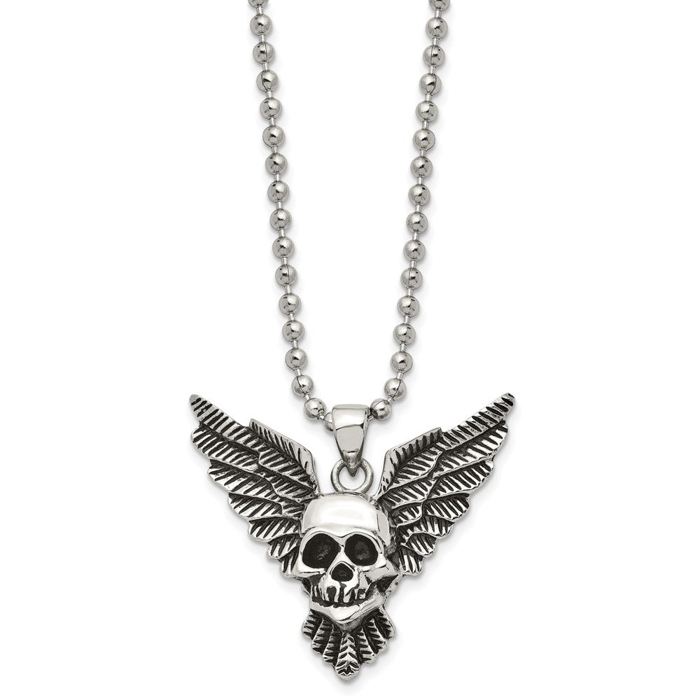Stainless Steel Antiqued and Polished Skull with Wings 22in Necklace