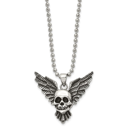 Stainless Steel Antiqued and Polished Skull with Wings 22in Necklace