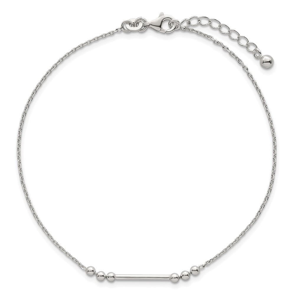 Sterling Silver Polished Beads and Bar 9 inch with 1 inch Extension Anklet