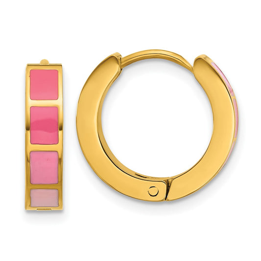 Stainless Steel Polished Yellow IP-plated Pink Enameled Hinged Hoop Earring