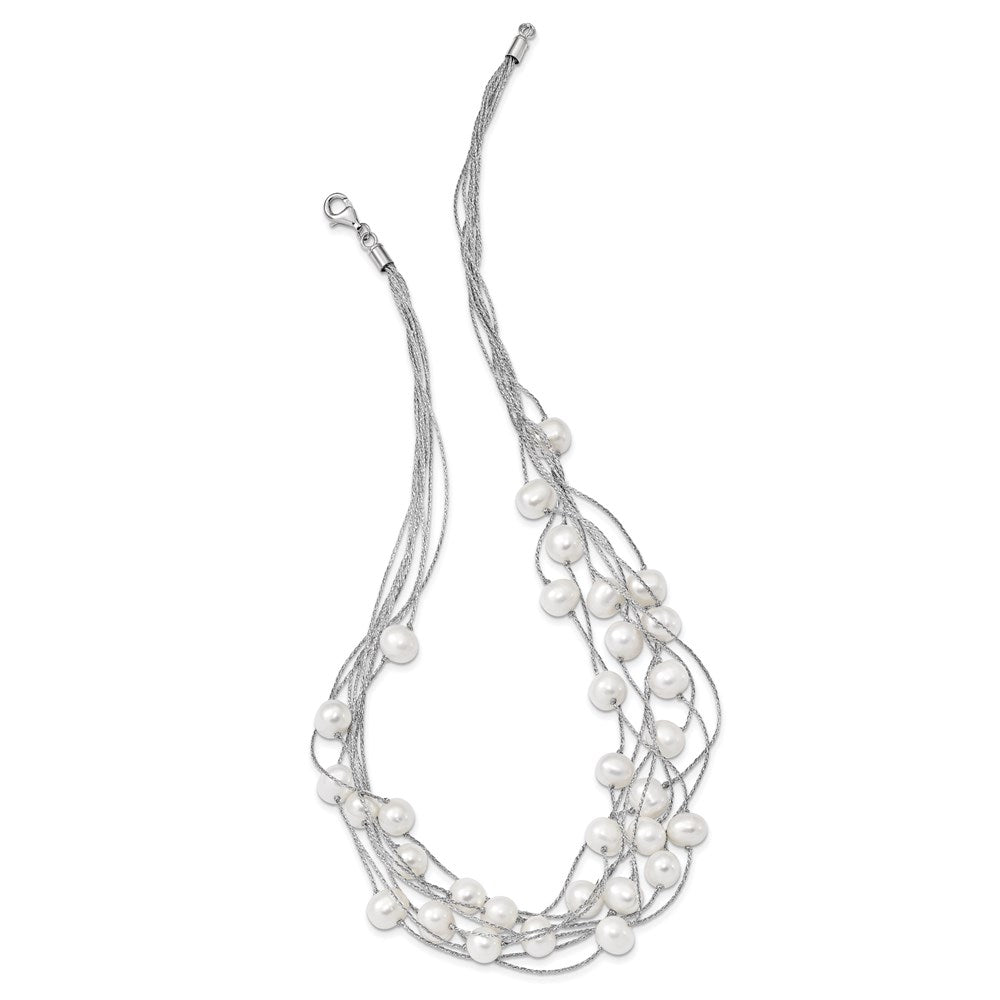 Sterling Silver Rhodium-plated 8-10mm White Semi-Round Freshwater Cultured Pearl Multi Strand 18 inch Necklace 18 Inches