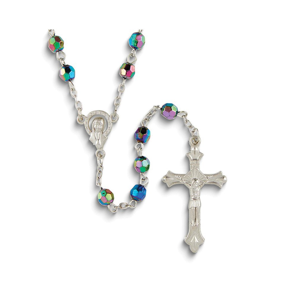 Silver-tone Black Aurora Borealis Acrylic Beaded 19.5 inch Rosary