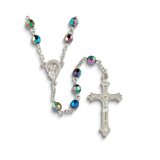 Silver-tone Black Aurora Borealis Acrylic Beaded 19.5 inch Rosary