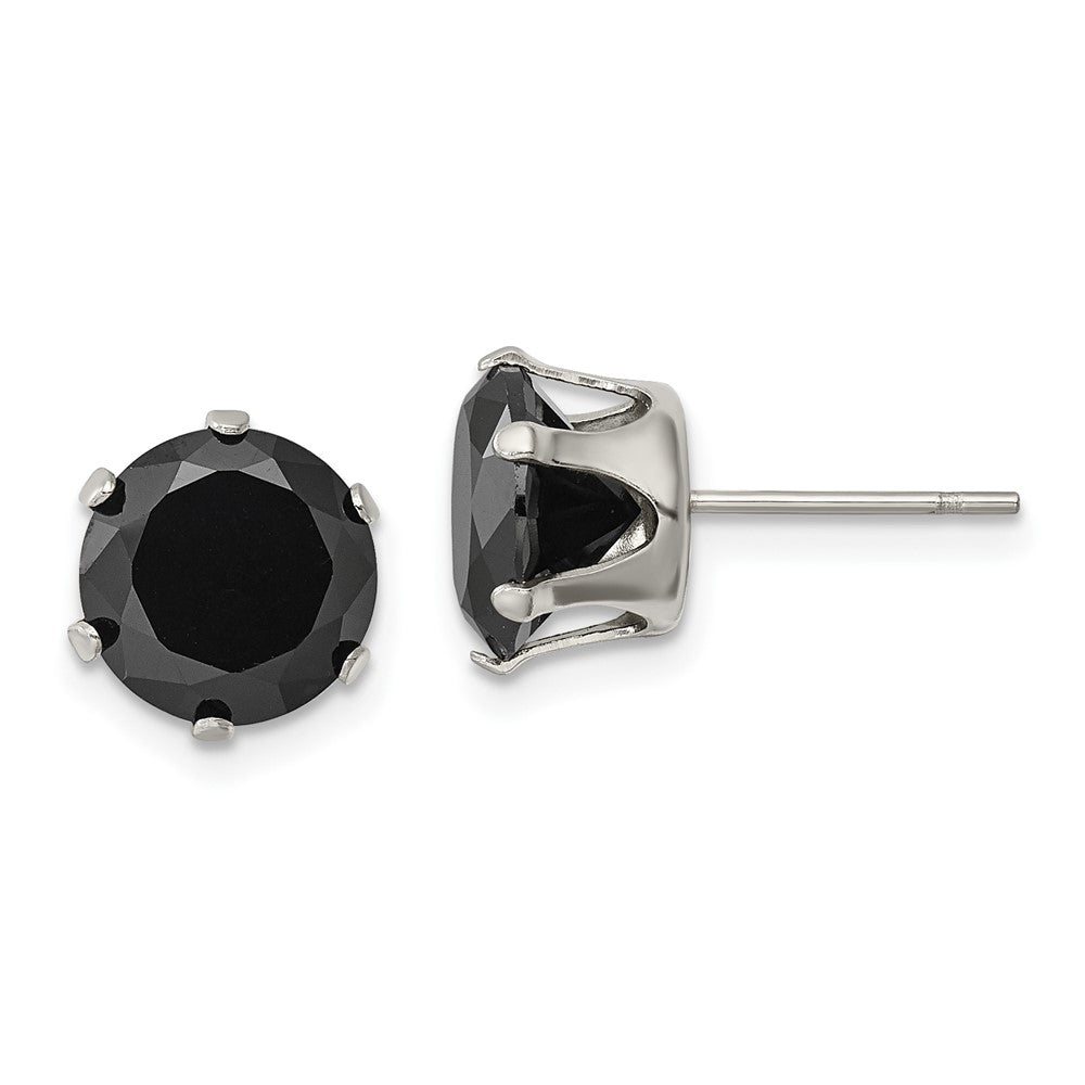 Stainless Steel Polished 9mm Black Round CZ Stud Post Earrings