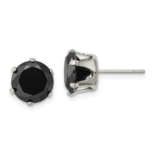 Stainless Steel Polished 9mm Black Round CZ Stud Post Earrings
