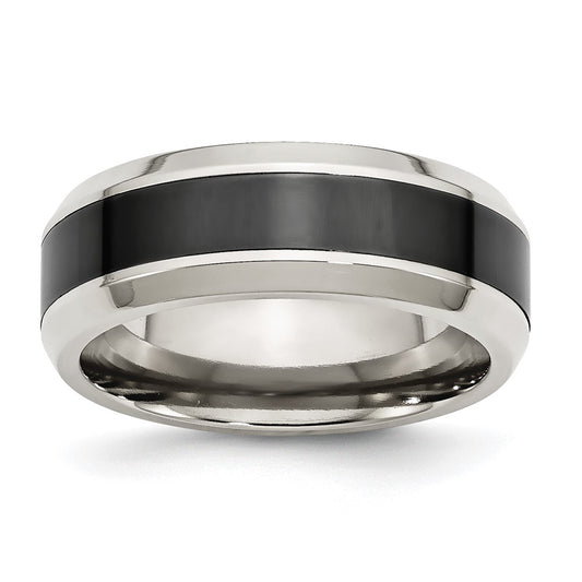 Stainless Steel Base w/Polished Black Ceramic Center Beveled Band Size - 11