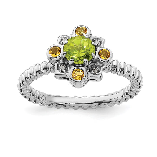Sterling Silver Stackable Expressions Peridot, Citrine & Diamond Ring Size -10