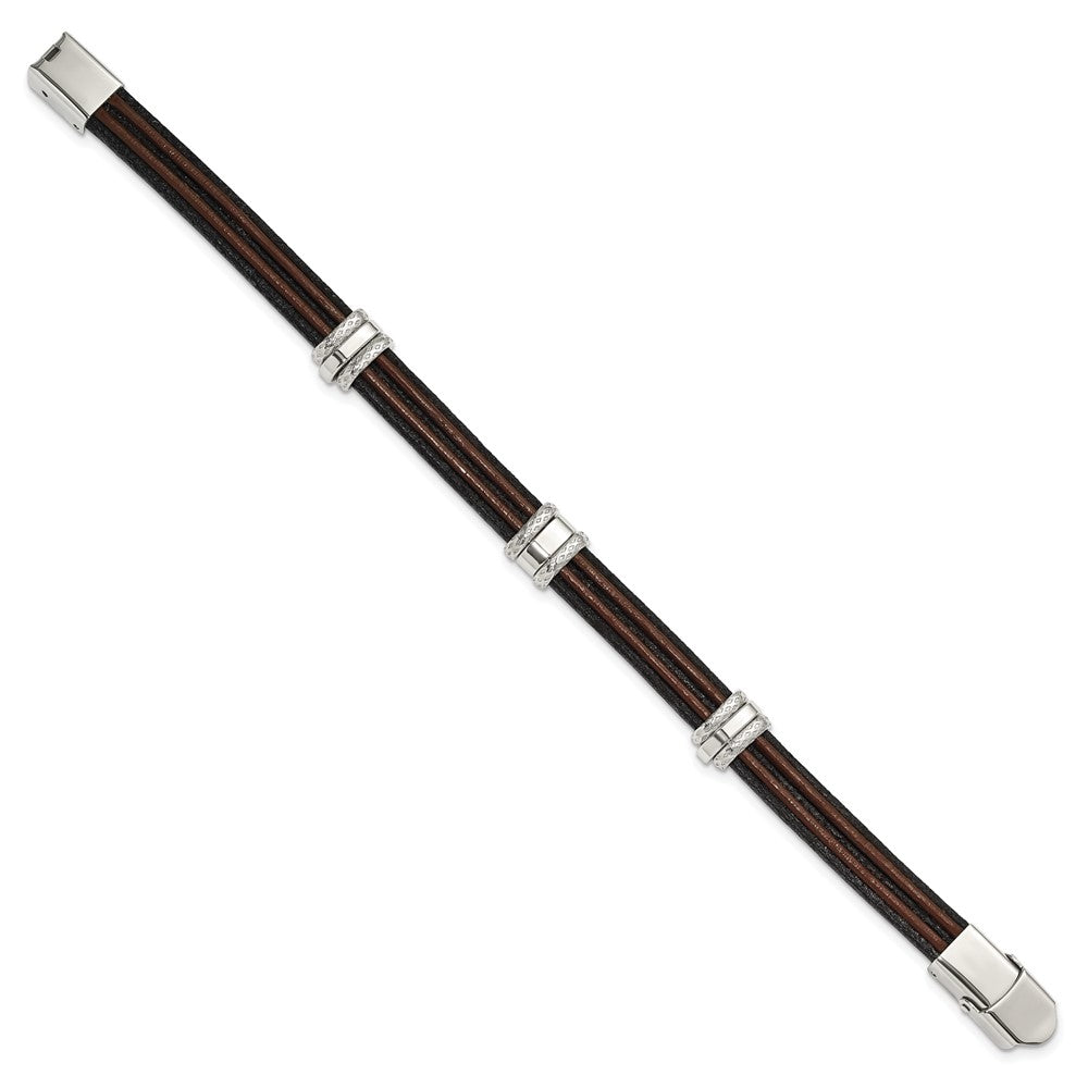 Stainless Steel Polished Black and Brown Leather 8.25in Bracelet 8.25 inches