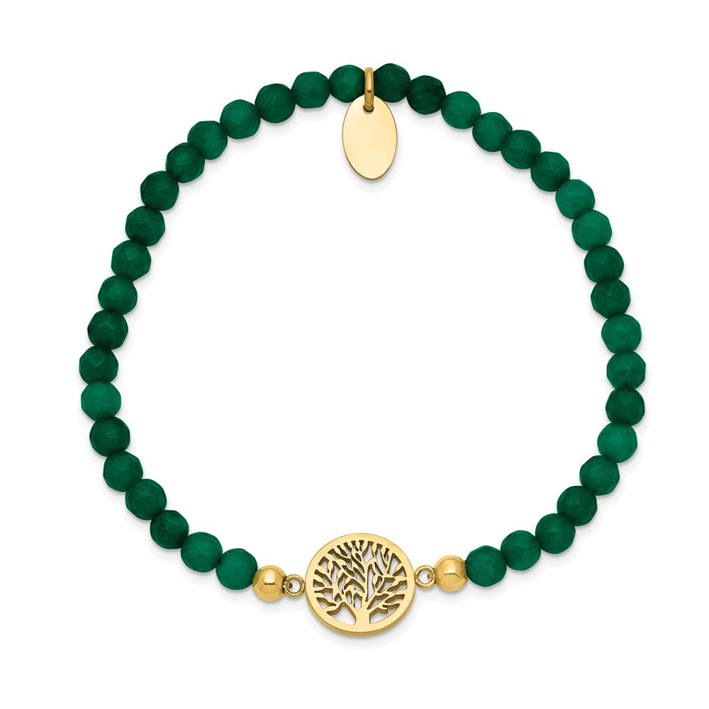Stainless Steel Polished Yellow IP Tree of Life Green Jade Stretch Bracelet 6.5 inches