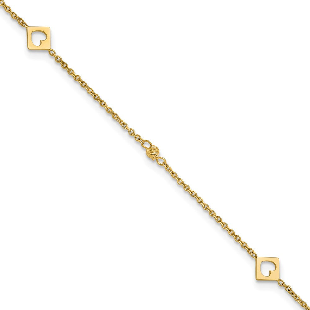 14k Polished Cut-out Hearts and Diamond-cut Beads 9 inch with 1 inch Extender Anklet