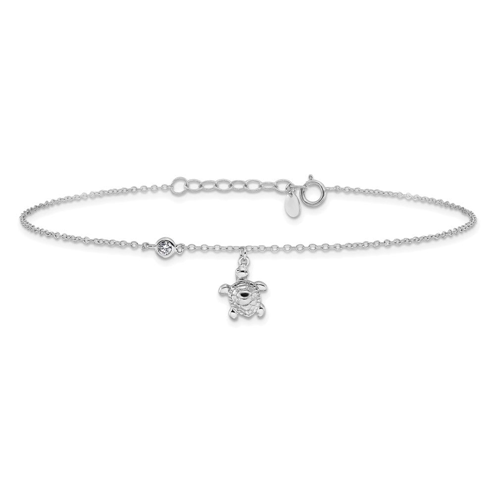 Sterling Silver Rhodium-plated Polished CZ Turtle 9 inch with an 1 inch extention Anklet 9 inches