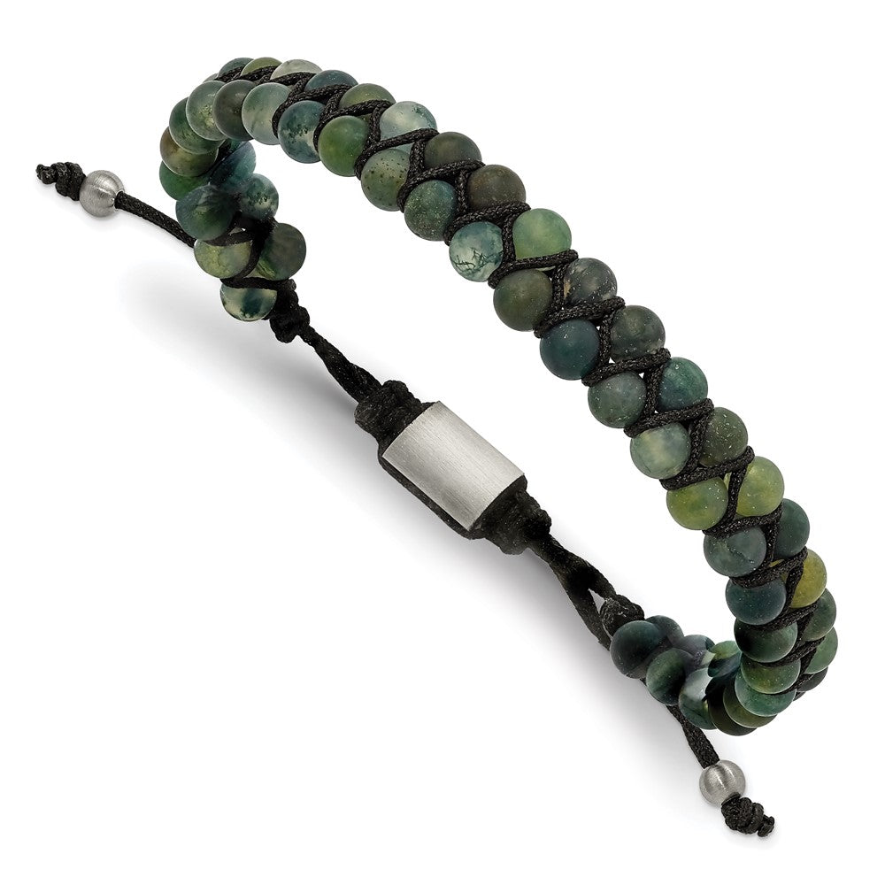 Stainless Steel Brushed Green Agate Adjustable Bracelet 9 inches